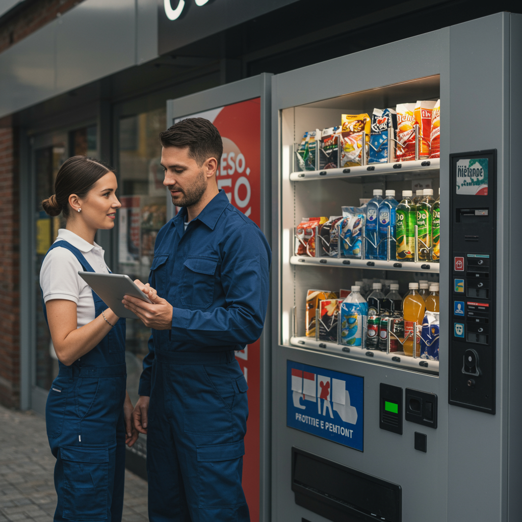 Servicetechniker prüft Zigarettenautomaten